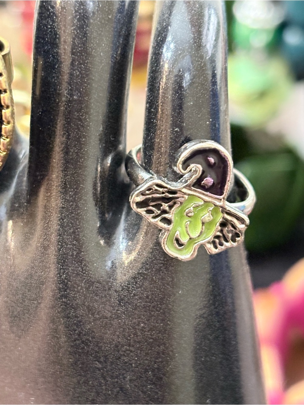 Silver Witch Hat and Green Pumpkin Enamel Ring